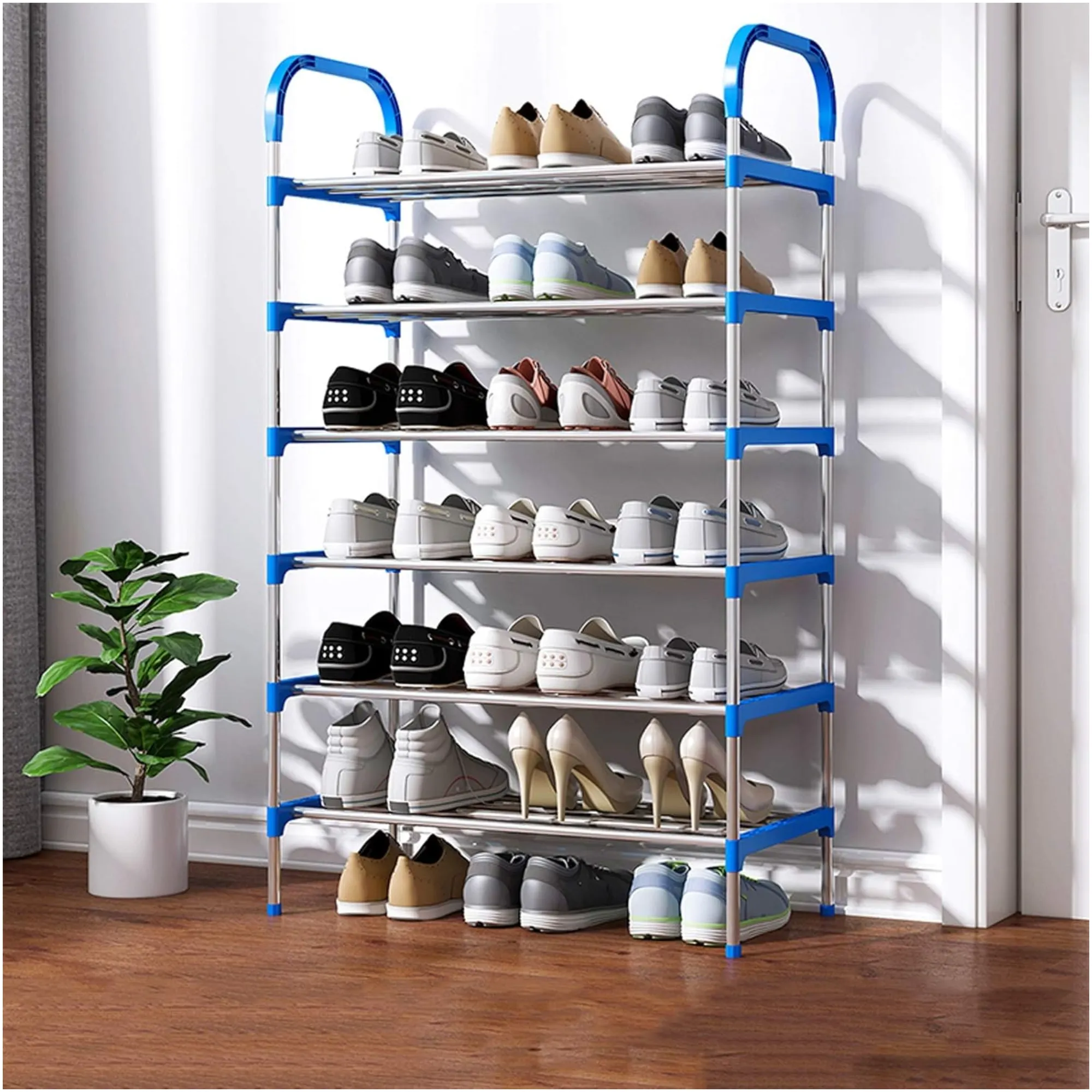 6-Tier Portable Stainless Steel Space-Saving Shoe Rack Organizer Yh9901 Blue