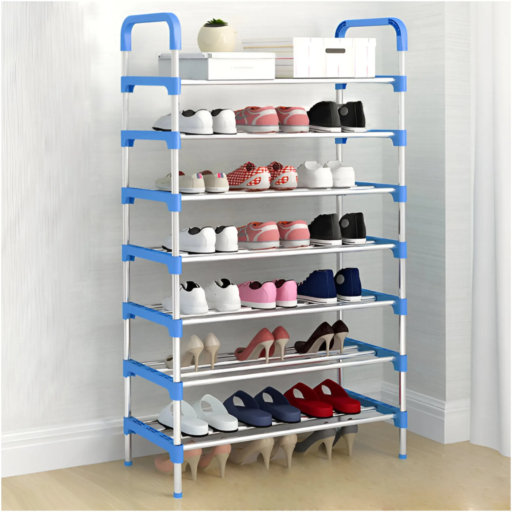 6-Tier Portable Stainless Steel Space-Saving Shoe Rack Organizer Yh9901 Blue