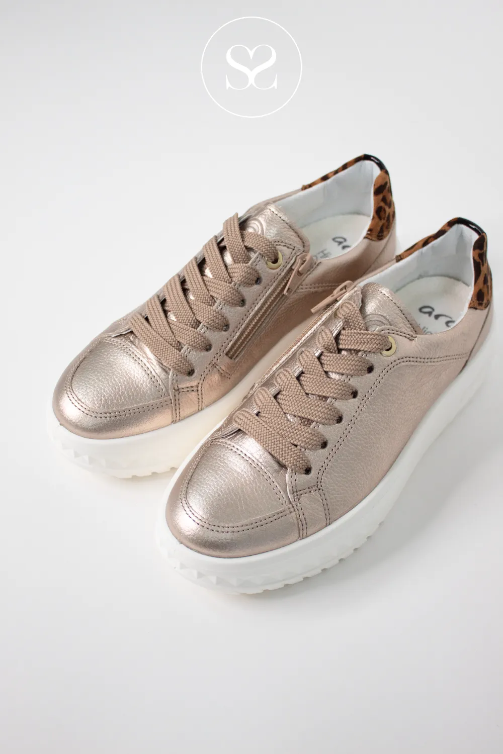 ARA 12-46703 GOLD/LEOPARD LEATHER PLATFORM TRAINERS