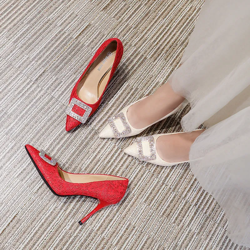 Elegant Rhinestones White Lace Stiletto Wedding Shoes