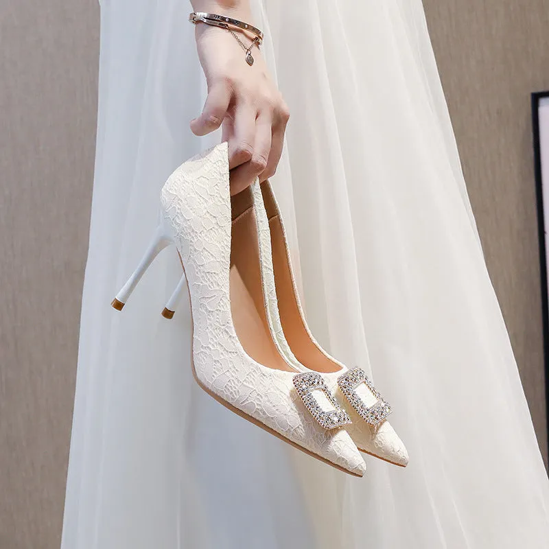 Elegant Rhinestones White Lace Stiletto Wedding Shoes