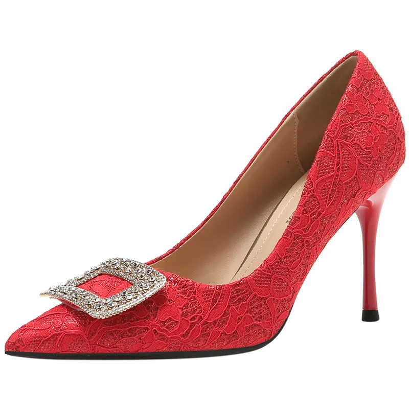 Elegant Rhinestones White Lace Stiletto Wedding Shoes