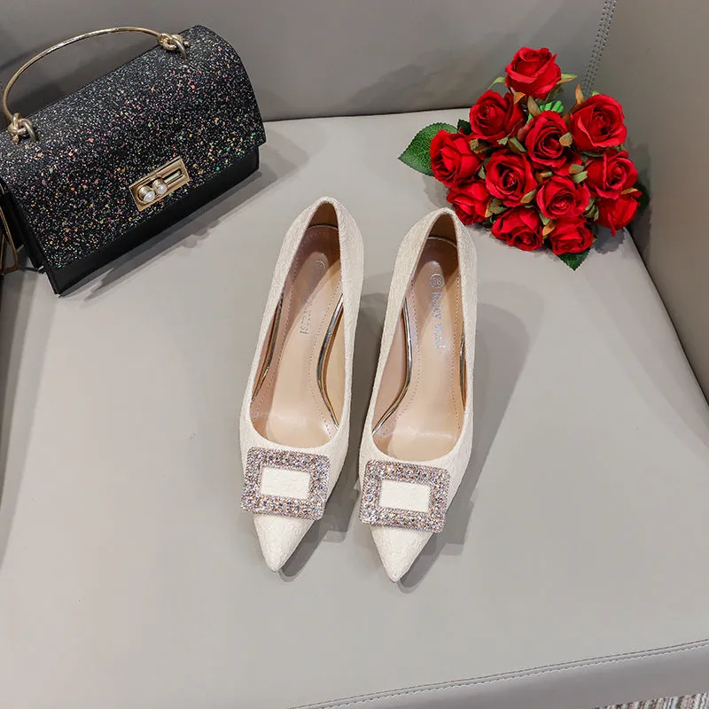Elegant Rhinestones White Lace Stiletto Wedding Shoes