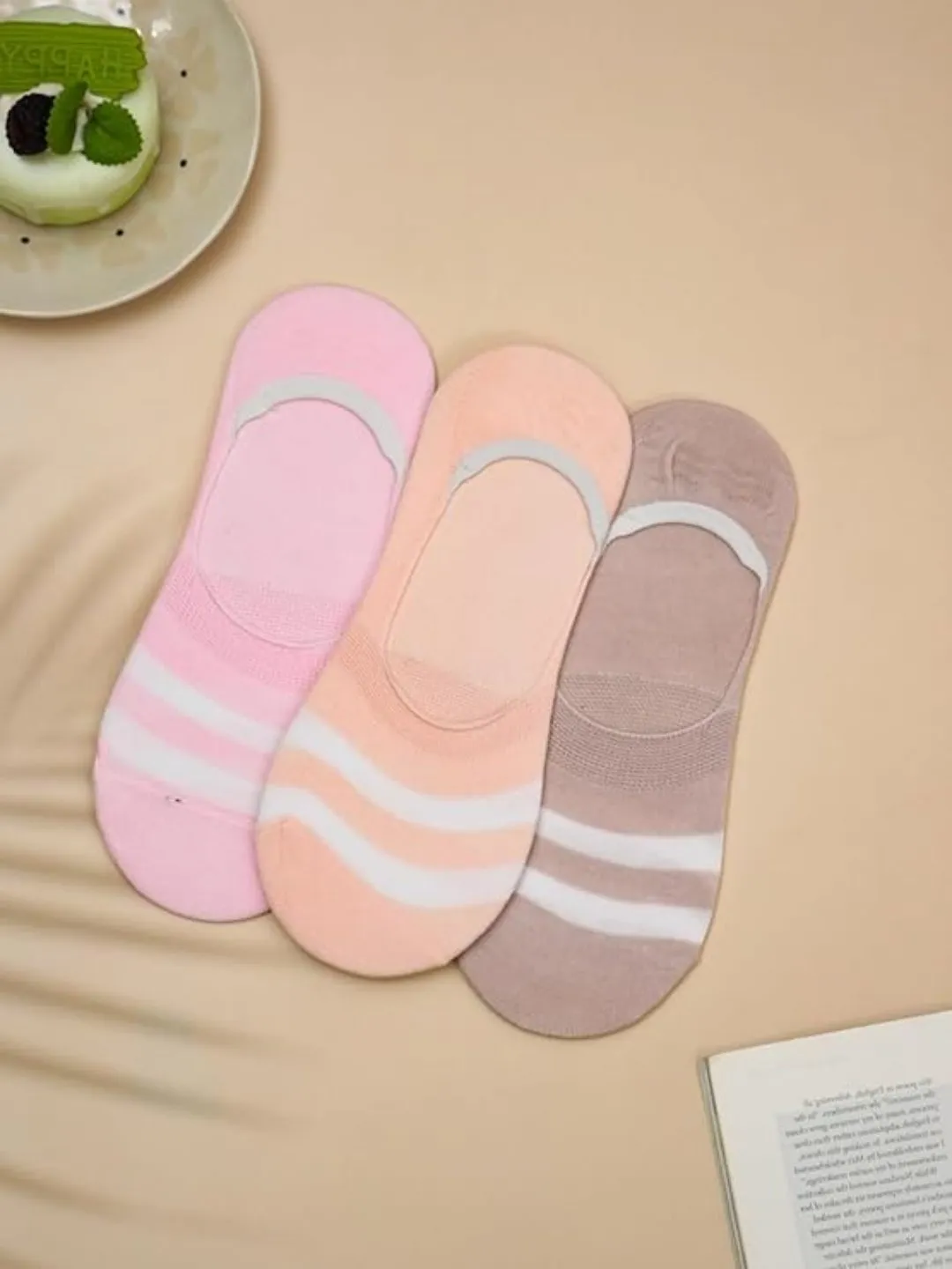 Girls' Candy Stripe Low Cut Invisible Socks - Trio of Pink Peach & Brown