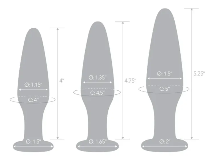 Glas Anal Training 3 Piece Butt Plug Set 4 Inch 4.75 Inch 5.25 Inch