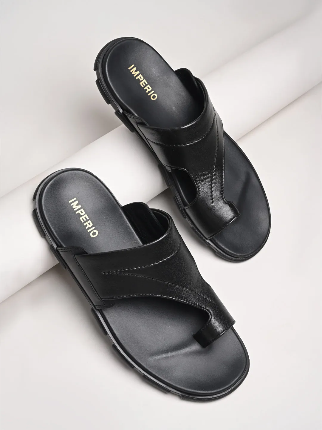 Imperio By Regal Black Men Leather One Toe Sandals