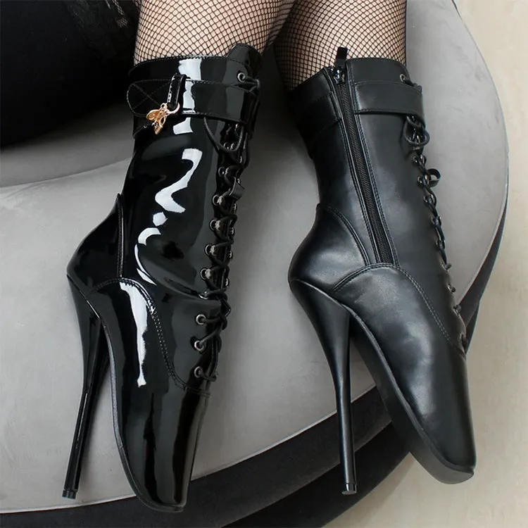 Lace-Up Black Ballet Boots with Super High Spike Heels and Pointed Toes
