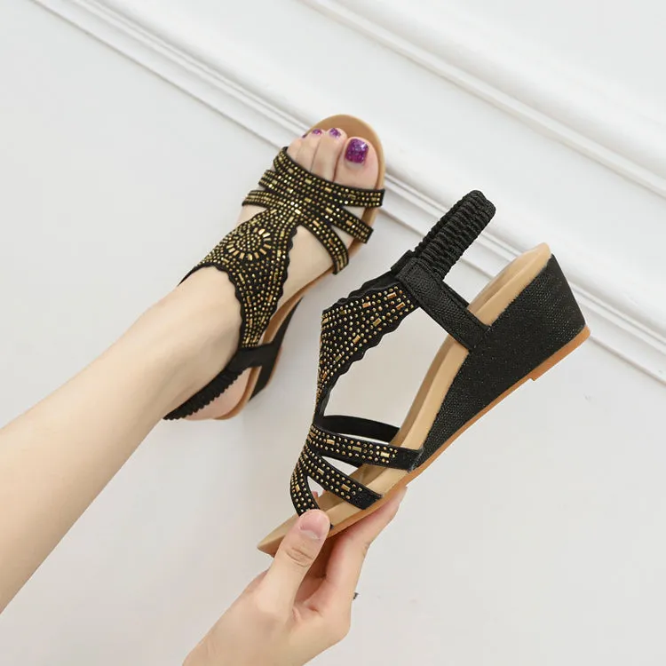 Large Size Rhinestones Lightweight Casual Wedge Heel Sandals Shoes