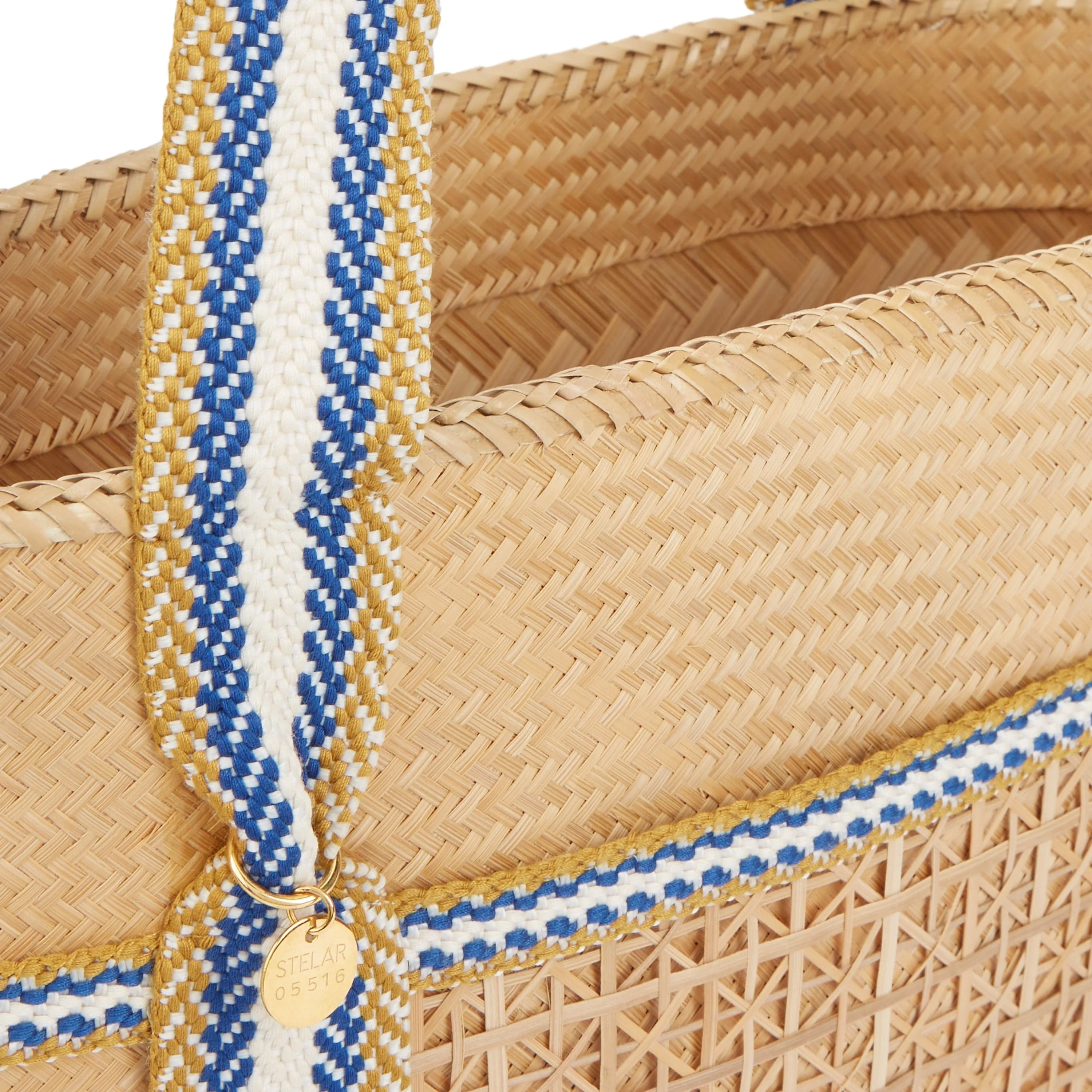 Malaka Handwoven Bamboo Vegan Small Tote Bag | Natural & Blue Stripe
