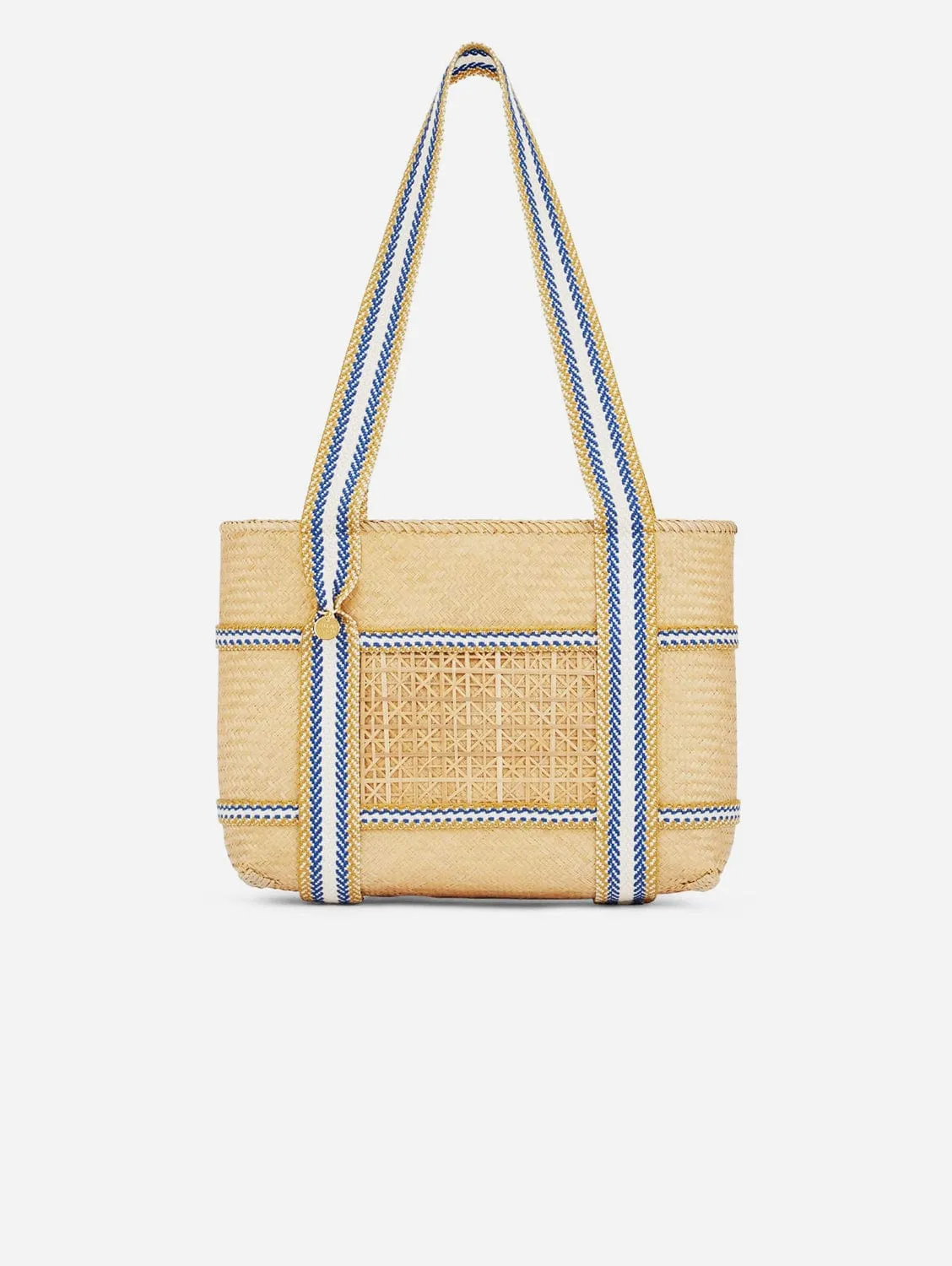 Malaka Handwoven Bamboo Vegan Small Tote Bag | Natural & Blue Stripe