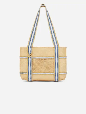 Malaka Handwoven Bamboo Vegan Small Tote Bag | Natural & Blue Stripe