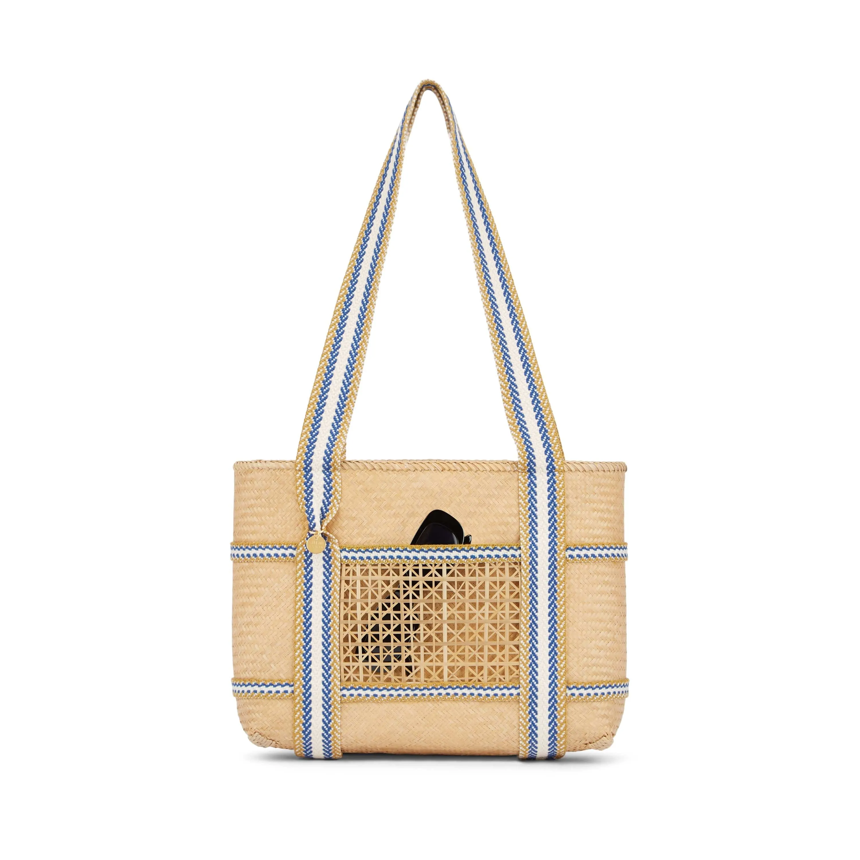 Malaka Handwoven Bamboo Vegan Small Tote Bag | Natural & Blue Stripe