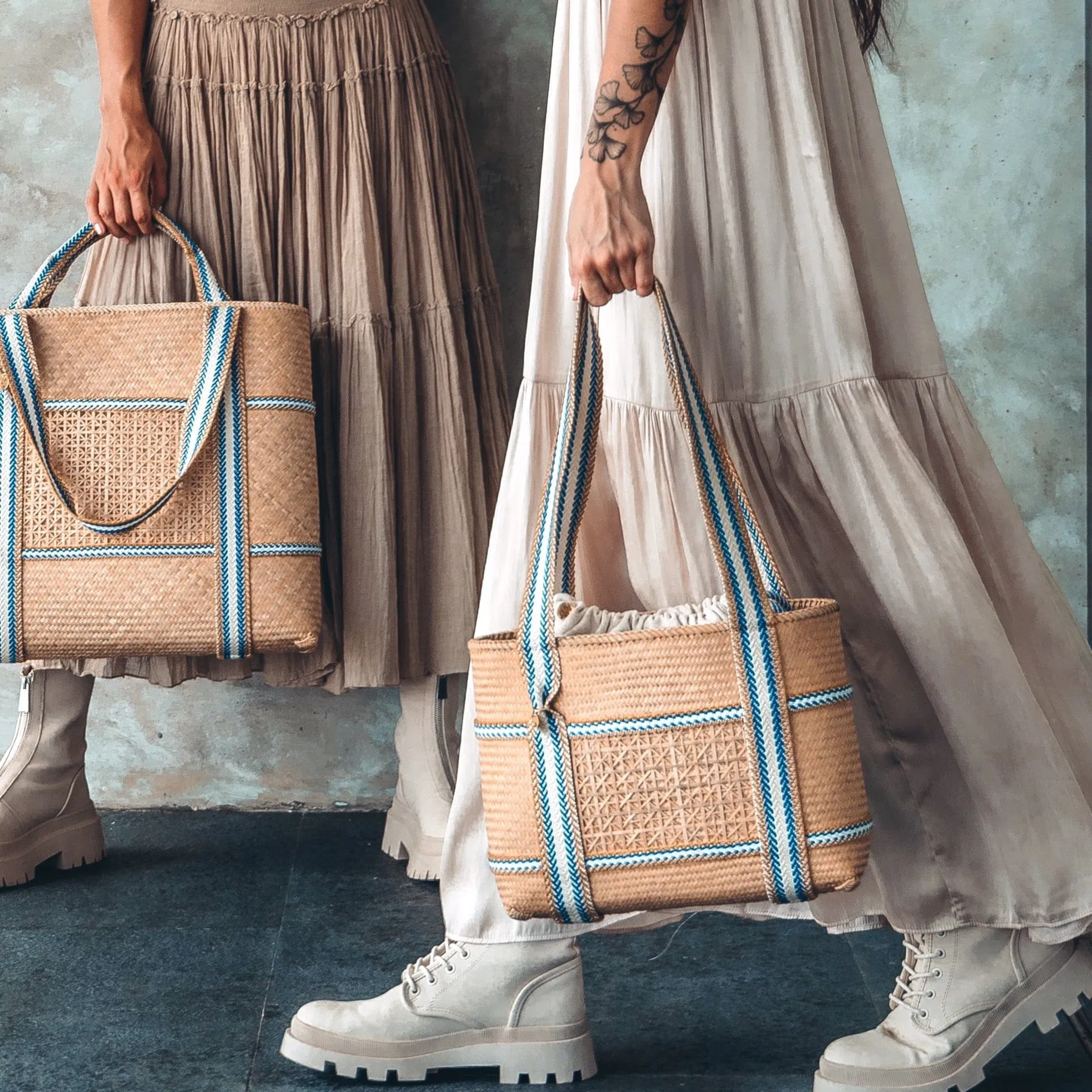 Malaka Handwoven Bamboo Vegan Small Tote Bag | Natural & Blue Stripe