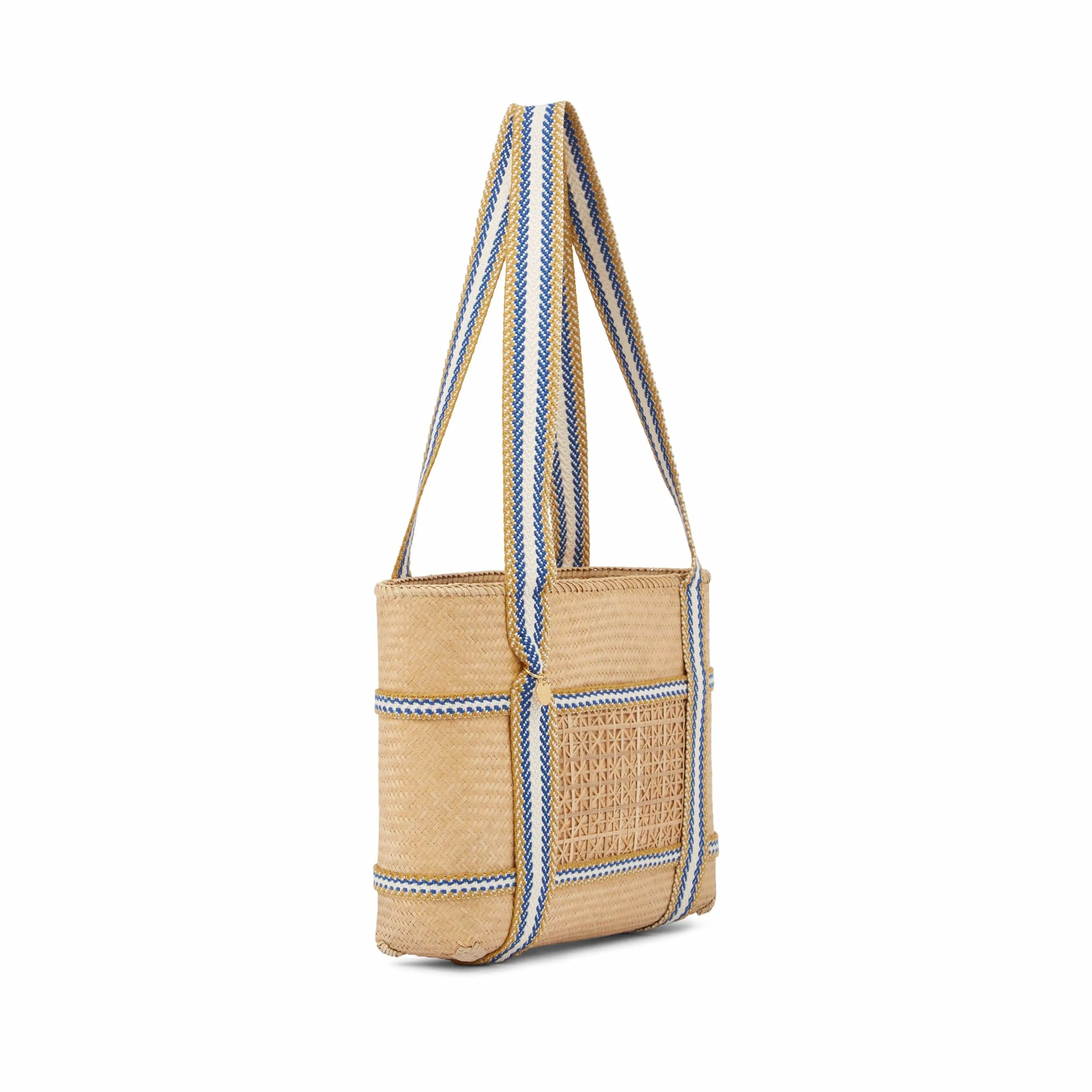 Malaka Handwoven Bamboo Vegan Small Tote Bag | Natural & Blue Stripe