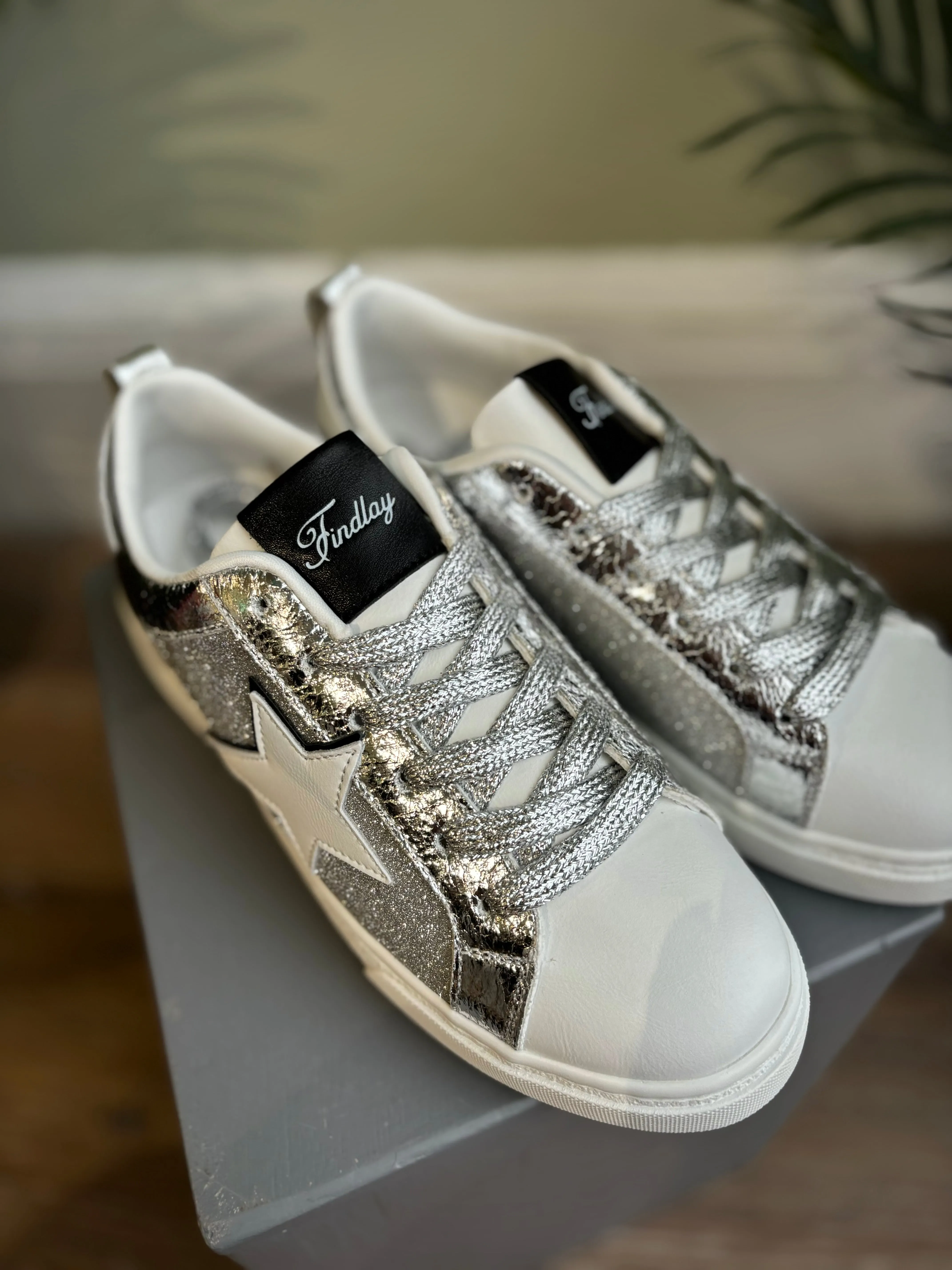 Silver & White Star Trainers With Silver Laces
