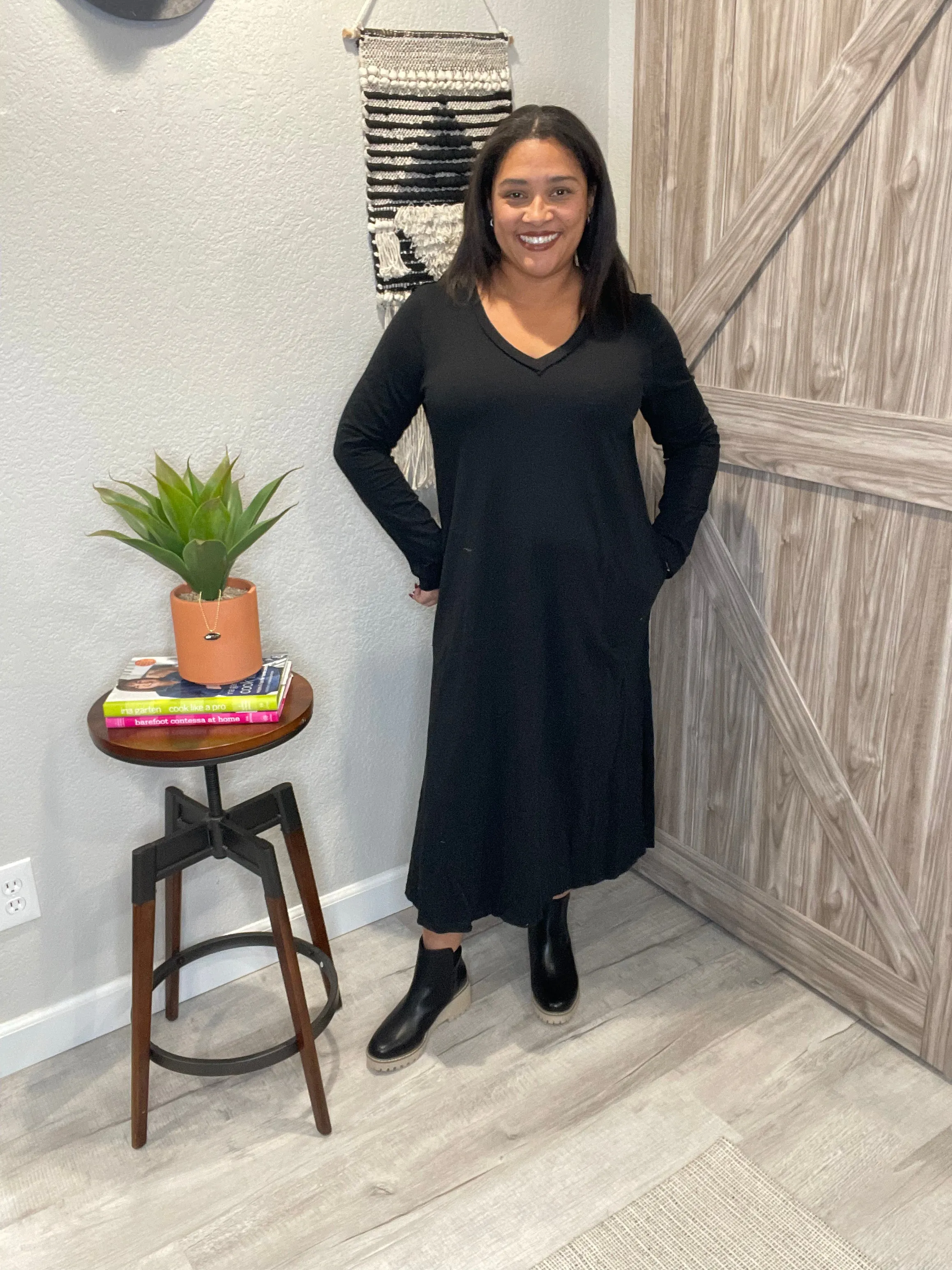 V Neck Cotton Maxi Raw Hem Dress