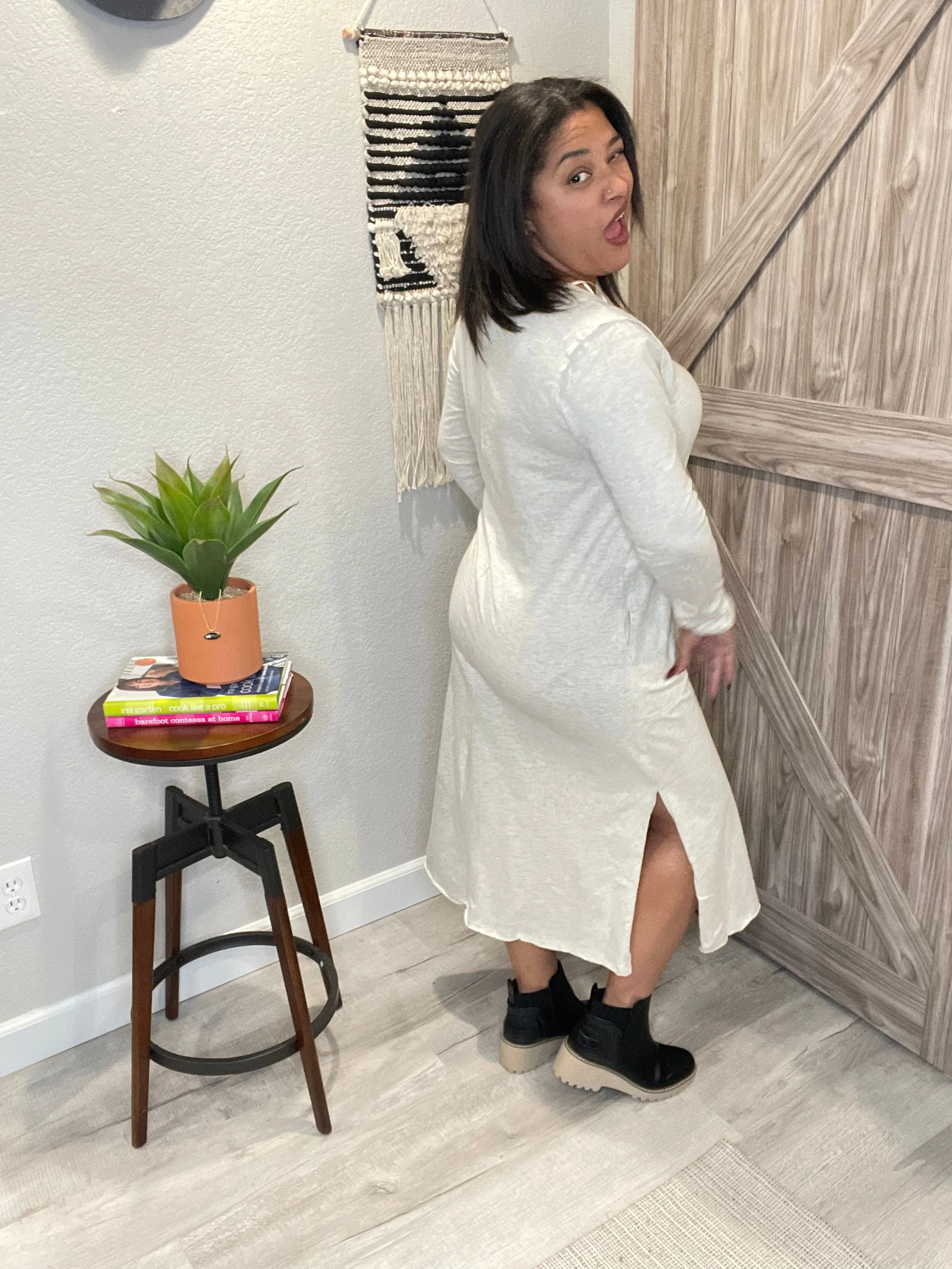 V Neck Cotton Maxi Raw Hem Dress