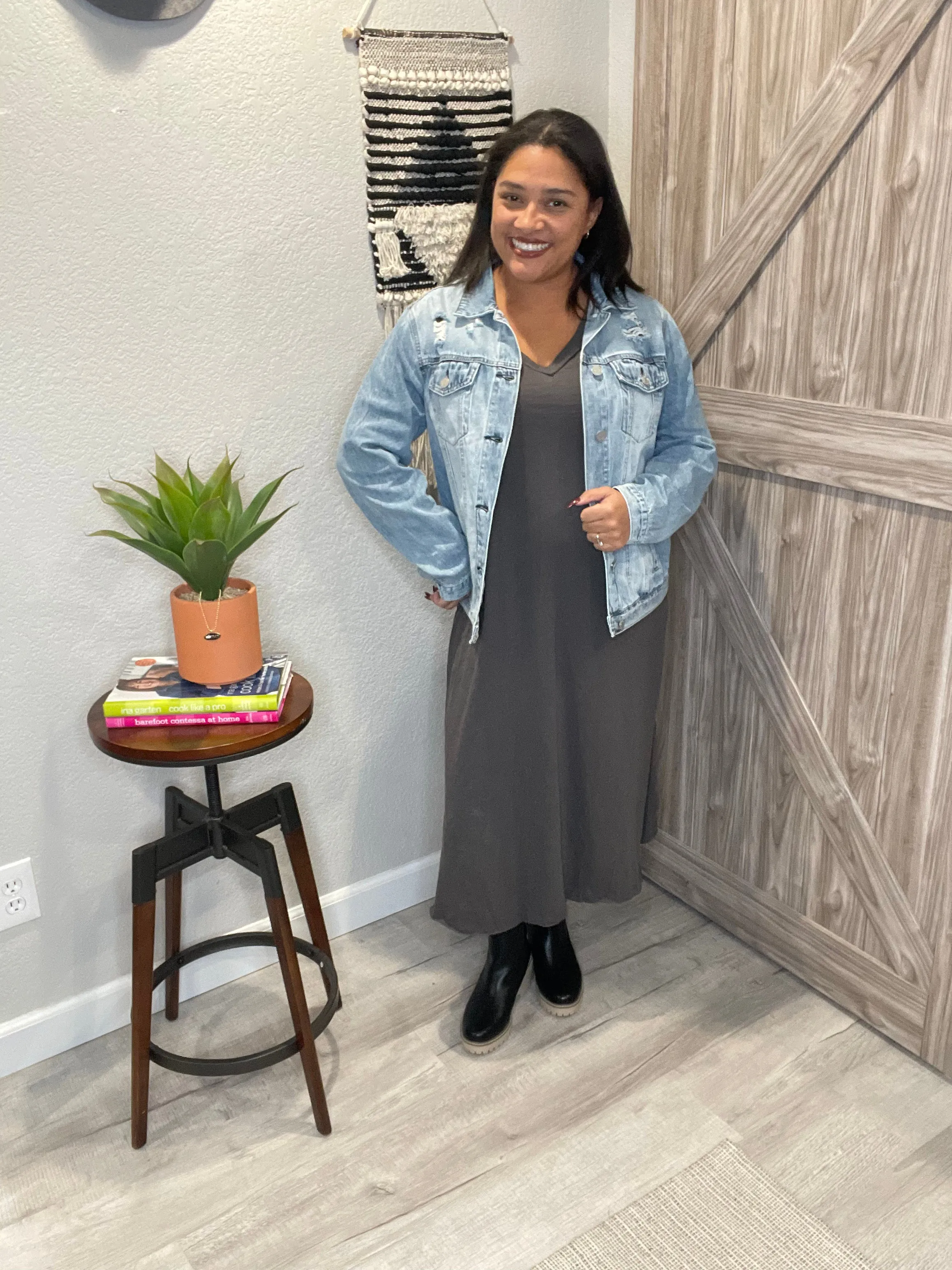 V Neck Cotton Maxi Raw Hem Dress