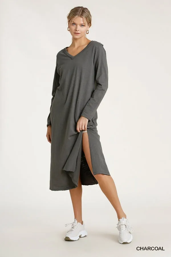 V Neck Cotton Maxi Raw Hem Dress