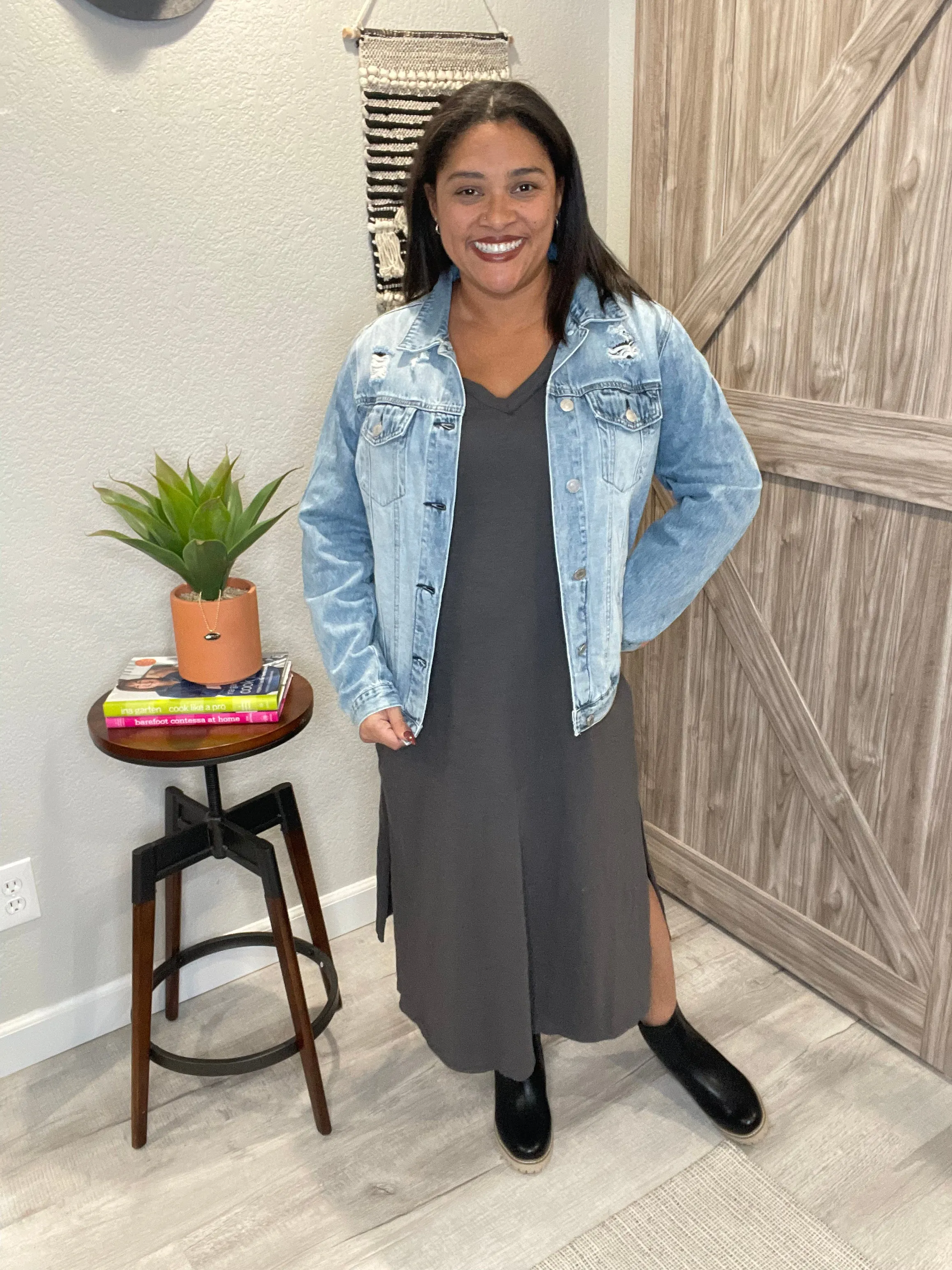 V Neck Cotton Maxi Raw Hem Dress