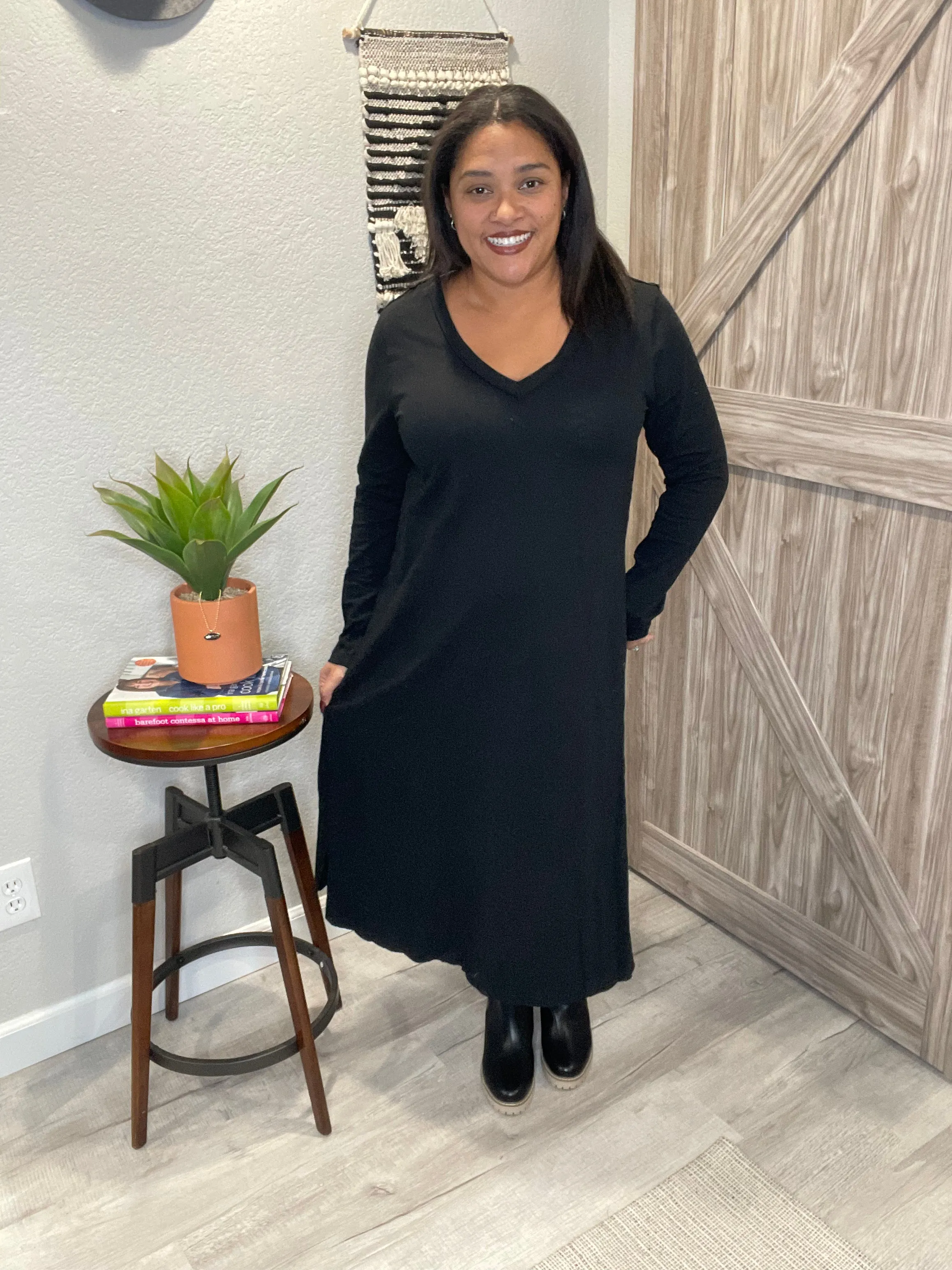 V Neck Cotton Maxi Raw Hem Dress