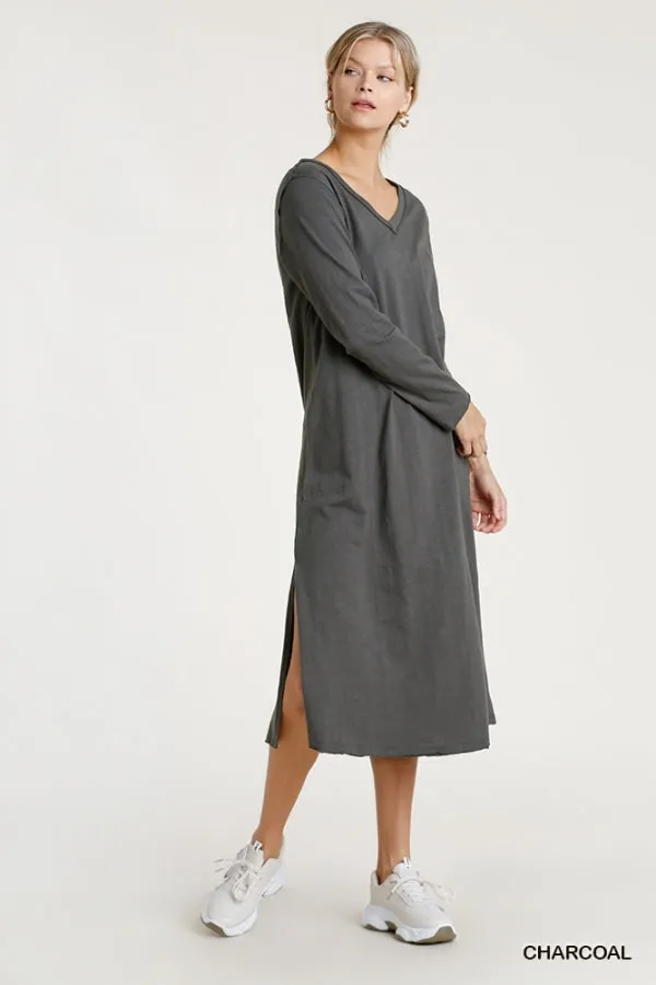 V Neck Cotton Maxi Raw Hem Dress