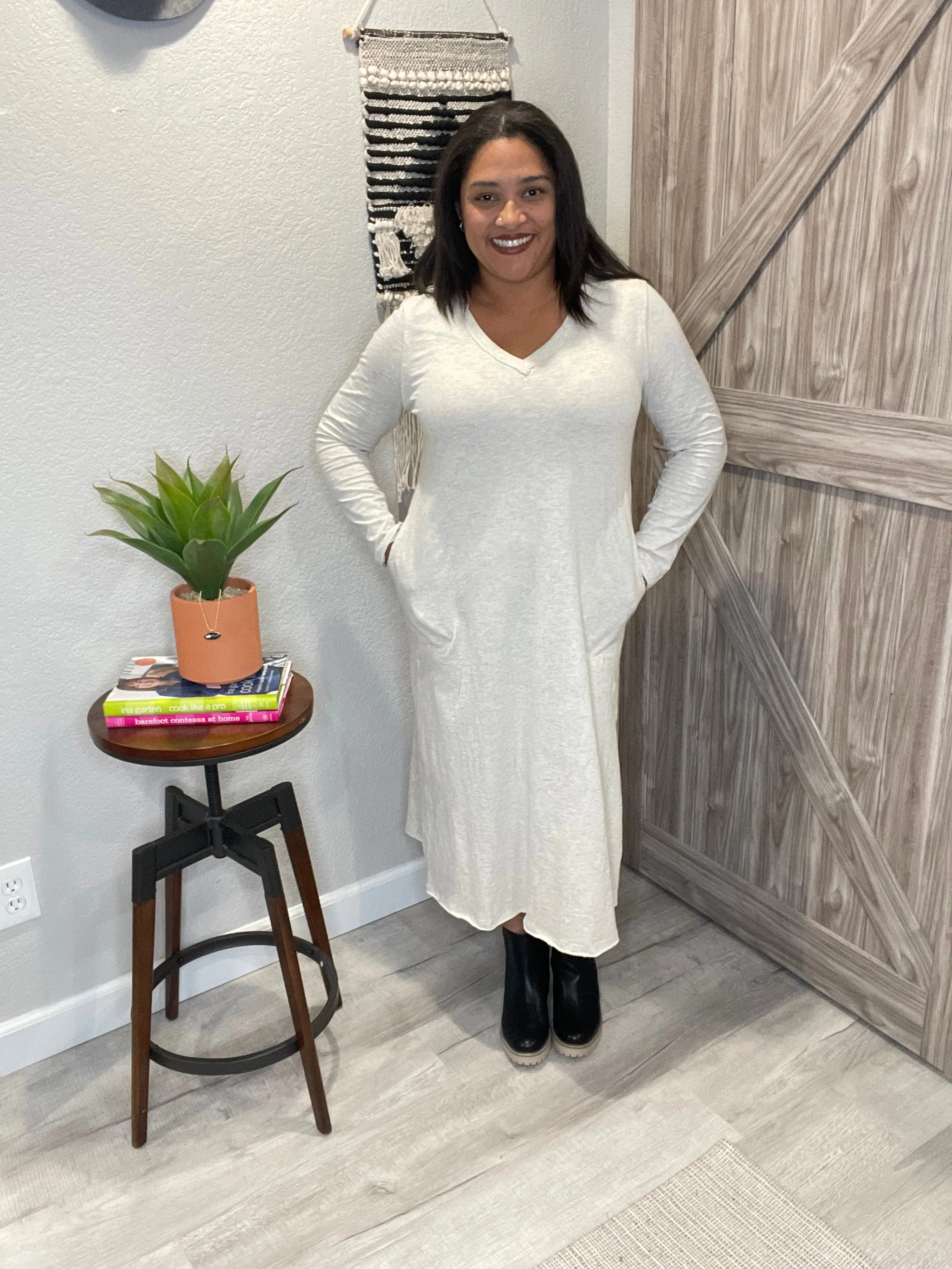 V Neck Cotton Maxi Raw Hem Dress