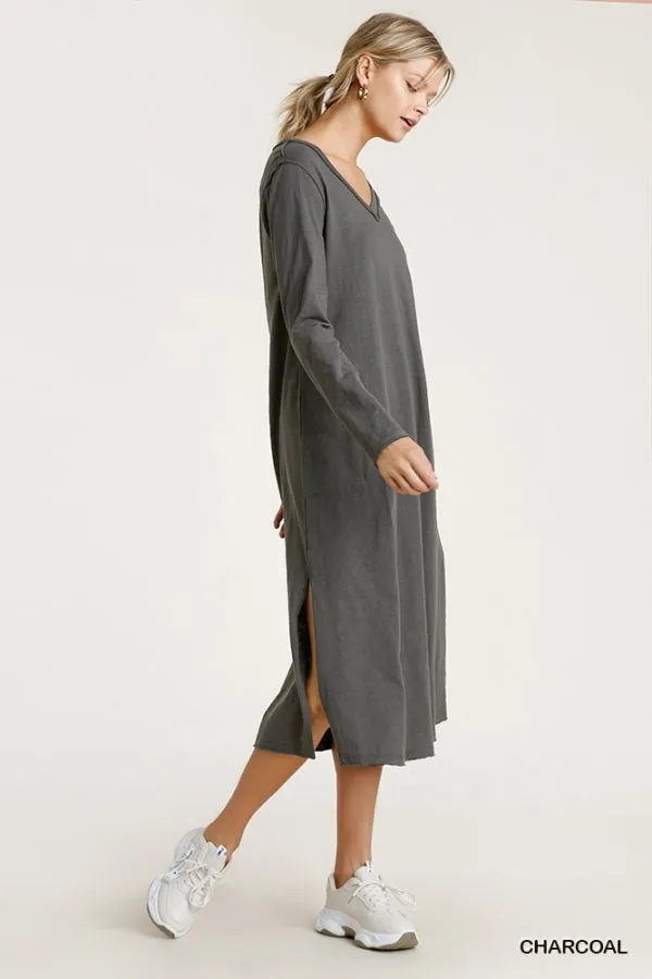 V Neck Cotton Maxi Raw Hem Dress