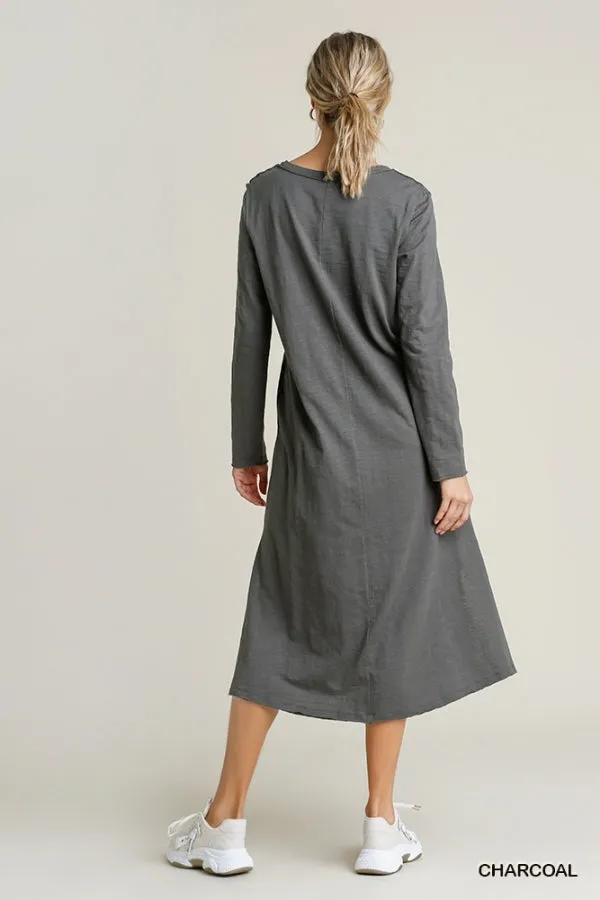 V Neck Cotton Maxi Raw Hem Dress